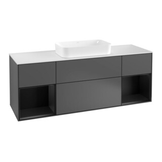 V&B Meuble sous-lavabo avec plan de toilette blanc et Finion 160x60cm, étagère bleue avec laque, anthracite mat