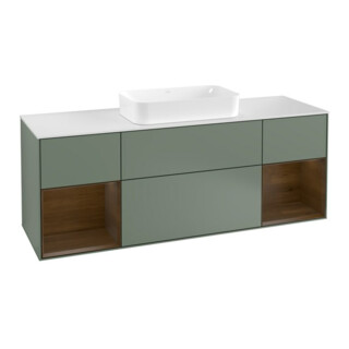 V&B Meuble sous lavabo avec plan de toilette blanc et Finion 160x60cm, étagère chêne veiné, laque mate huilée