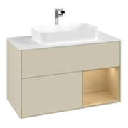 V&B Meuble sous lavabo avec plan de toilette blanc Finion 100x60,3 cm, étagère droite, poignée argent, avec laque m.