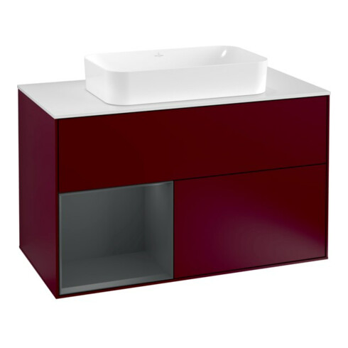 V&B Meuble sous lavabo avec plan de toilette blanc Finion 100x60,3 cm, étagère gauche avec tiroir, avec laque, Peo m