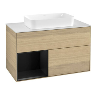V&B Meuble sous lavabo avec plan de toilette blanc Finion 100x60,3 cm, étagère gauche, bleu, placage chêne, laqué
