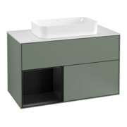 V&B Meuble sous lavabo avec plan de toilette blanc Finion 100x60,3 cm, étagère gauche bleue laquée, poignée laquée