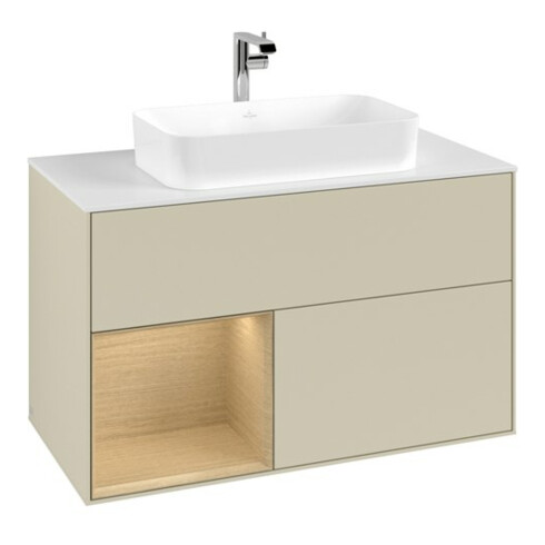 V&B Meuble sous lavabo avec plan de toilette blanc Finion 100x60,3 cm, étagère gauche, finition laquée grise moyenne