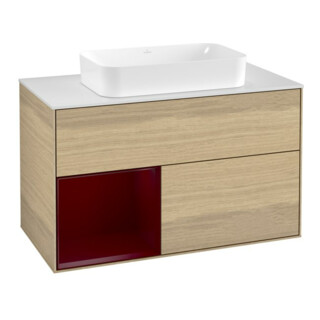 V&B Meuble sous lavabo avec plan de toilette blanc Finion 100x60,3 cm, étagère gauche Peony, placage chêne