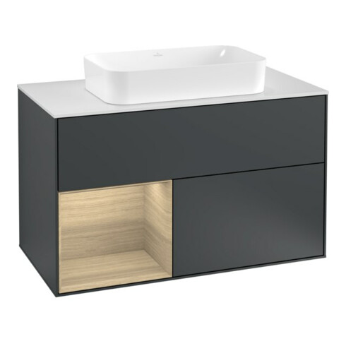 V&B Meuble sous lavabo avec plan de toilette blanc Finion 100x60,3 cm, étagère gauche, porte battante, avec tiroir, blanc laqué