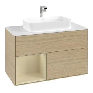 V&B Meuble sous lavabo avec plan de toilette blanc Finion 100x60,3 cm, étagère gauche, surface laquée, Oa ven