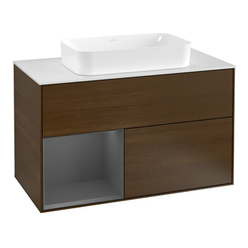 V&B Meuble sous lavabo avec plan de toilette blanc Finion 100x60,3 cm, rég. gauche anthracite mat, noyer veinée