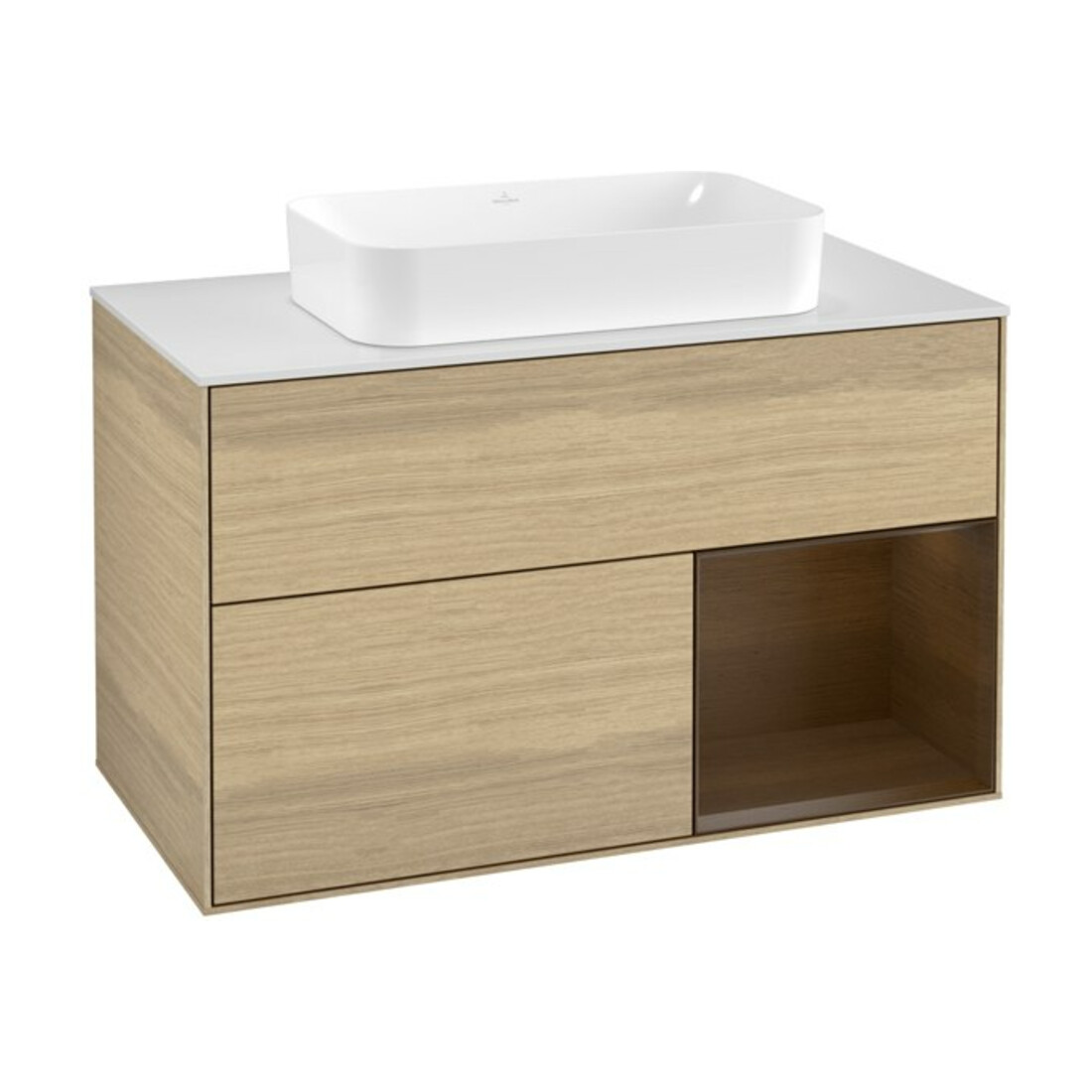 V&B Meuble sous lavabo avec plan de toilette blanc Finion 100x60,3 cm, tiroir à droite, placage chêne