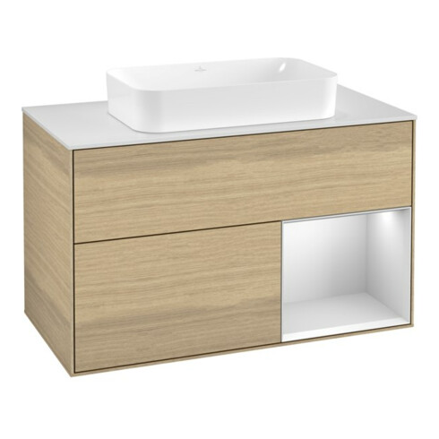 V&B Meuble sous lavabo avec plan de toilette blanc Finion 100x60,3 cm, tiroir droit blanc avec laque, placage chêne