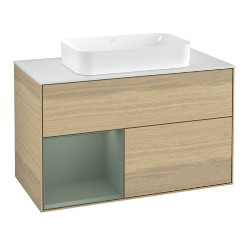 V&B Meuble sous lavabo avec plan de toilette blanc Finion 100x60,3 cm, tiroir gauche, finition laquée, placage Oa