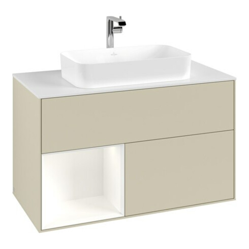 V&B Meuble sous lavabo avec plan de toilette blanc Finion 100x60,3cm, côté gauche blanc avec laque, gris moyen avec laque