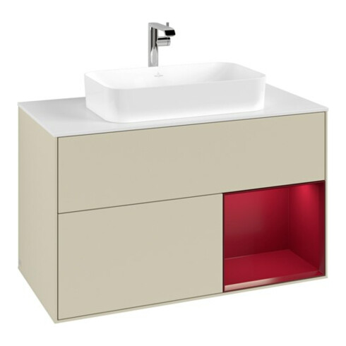 V&B Meuble sous lavabo avec plan de toilette blanc Finion 100x60,3cm, étagère droite Peo, gris moyen laqué