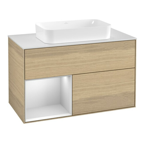 V&B Meuble sous lavabo avec plan de toilette blanc Finion 100x60,3cm, étagère gauche blanc avec Lac, placage chêne