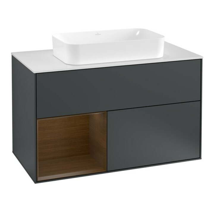 V&B Meuble sous lavabo avec plan de toilette blanc Finion 100x60,3cm, étagère gauche, bois de noyer, porte en verre laqué
