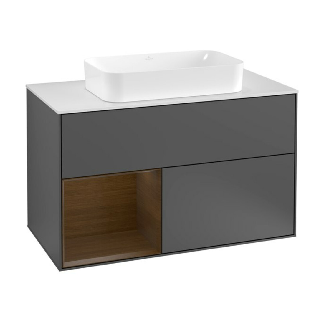 V&B Meuble sous-lavabo avec plan de toilette blanc Finion 100x60,3cm, étagère gauche, chêne anthracite
