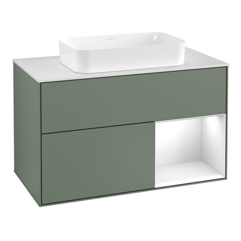 V&B Meuble sous lavabo avec plan de toilette blanc Finion 100x60,3cm, face avant brillante blanc laqué, olivier mat laqué