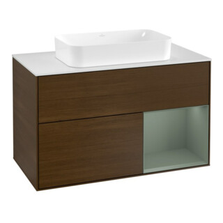 V&B Meuble sous lavabo avec plan de toilette blanc Finion 100x60,3cm, tiroir à droite huilé avec laque, noyer veinée