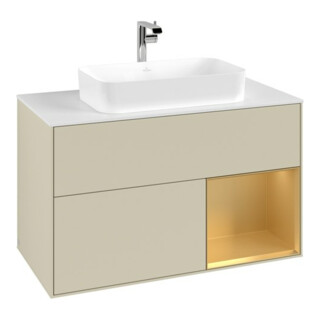 V&B Meuble sous lavabo avec plan de toilette blanc Finion 100x60,3cm, tiroir droit, poignée argent, laqué mat