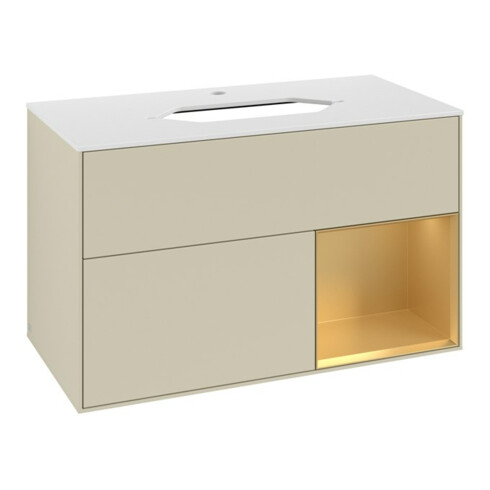 V&B Meuble sous lavabo avec plan de toilette blanc Finion 100x60,3cm, tiroir droit, poignée argent, laqué mat