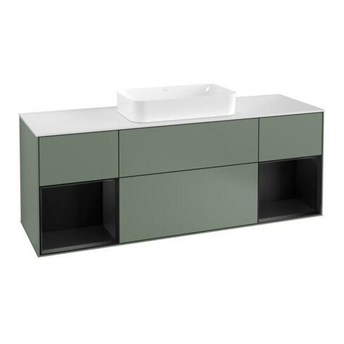 V&B Meuble sous-lavabo avec plan de toilette blanc Finion 160x60 cm, étagère bleue laquée, huile laquée