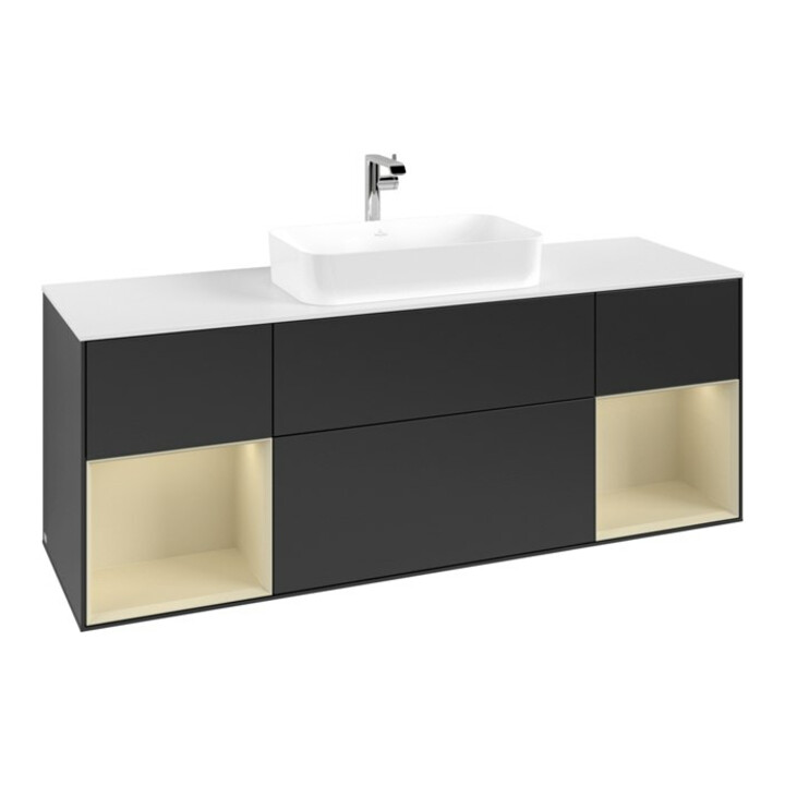 V&B Meuble sous lavabo avec plan de toilette blanc Finion 160x60 cm, étagère droite en mélaminé laqué, bleu laqué
