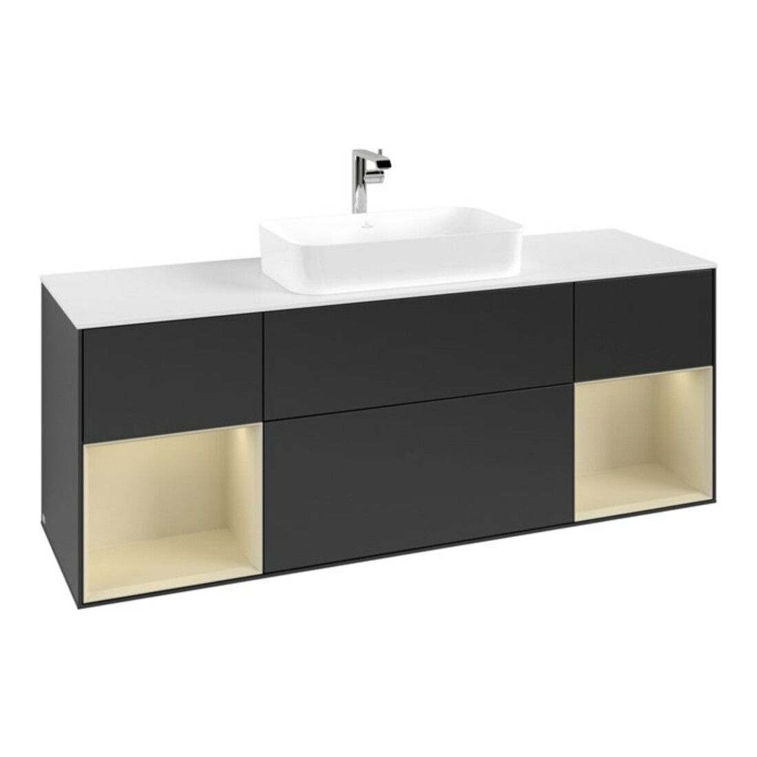 V&B Meuble sous lavabo avec plan de toilette blanc Finion 160x60 cm, étagère droite en mélaminé laqué, bleu laqué