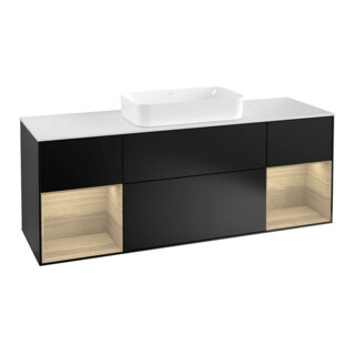 V&B Meuble sous lavabo avec plan de toilette blanc Finion 160x60 cm, étagère Oa ven, laque noire mate