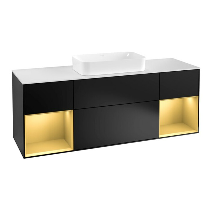 V&B Meuble sous lavabo avec plan de toilette blanc Finion 160x60 cm, étagère or avec laque bleue