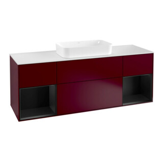 V&B Meuble sous lavabo avec plan de toilette blanc Finion 160x60cm, étagère bleue laquée, Pivoine mat