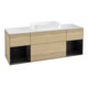 V&B Meuble sous lavabo avec plan de toilette blanc Finion 160x60cm, étagère bleue laquée, placage chêne-1