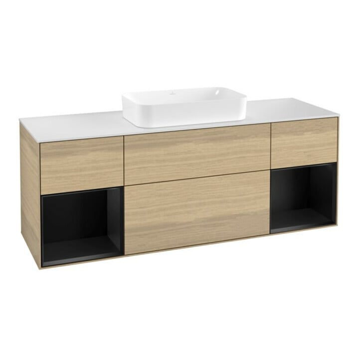 V&B Meuble sous lavabo avec plan de toilette blanc Finion 160x60cm, étagère bleue laquée, placage chêne