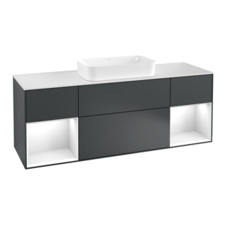 V&B Meuble sous lavabo avec plan de toilette blanc Finion 160x60cm, étagère glo blanc laqué, poignée bleue laquée