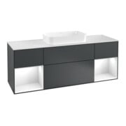V&B Meuble sous lavabo avec plan de toilette blanc Finion 160x60cm, étagère glo blanc laqué, poignée bleue laquée