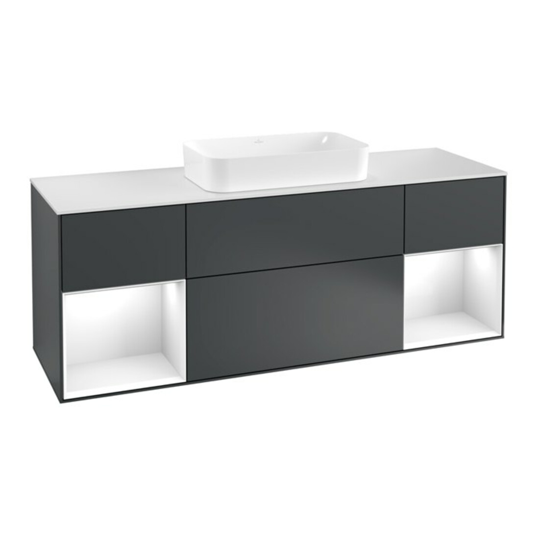 V&B Meuble sous lavabo avec plan de toilette blanc Finion 160x60cm, étagère glo blanc laqué, poignée bleue laquée