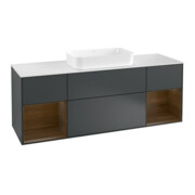 V&B Meuble sous lavabo avec plan de toilette blanc Finion 160x60cm, étagère noyer verni, façade bleue laquée