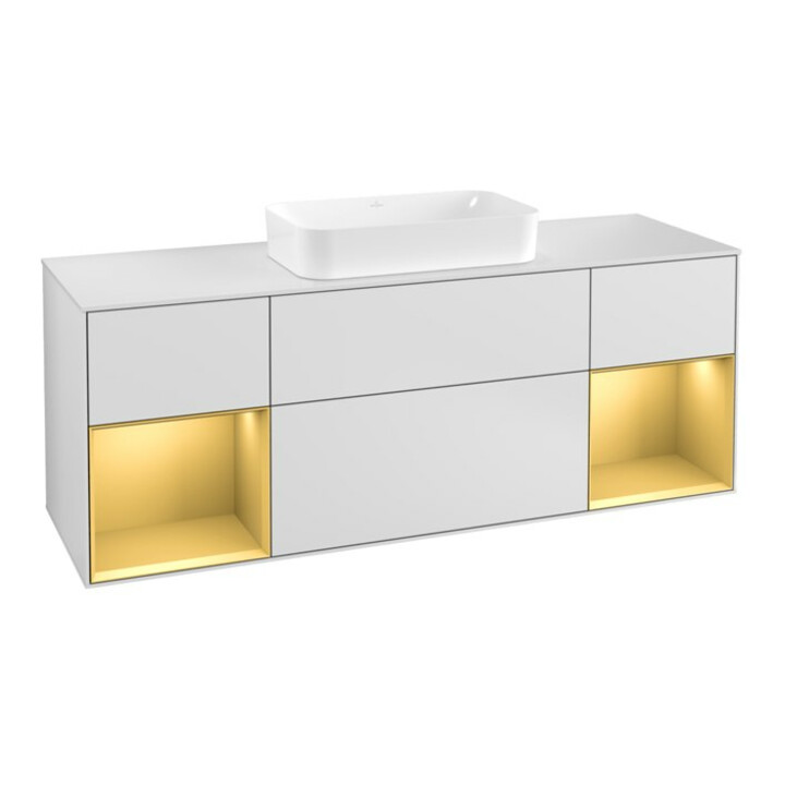 V&B Meuble sous lavabo avec plan de toilette blanc Finion 160x60cm, étagère or avec laque blanche