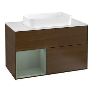 V&B Meuble sous-lavabo avec plan de toilette blanc m Finion 100x60,3 cm, étagère gauche, huile m laque, noyer veinée