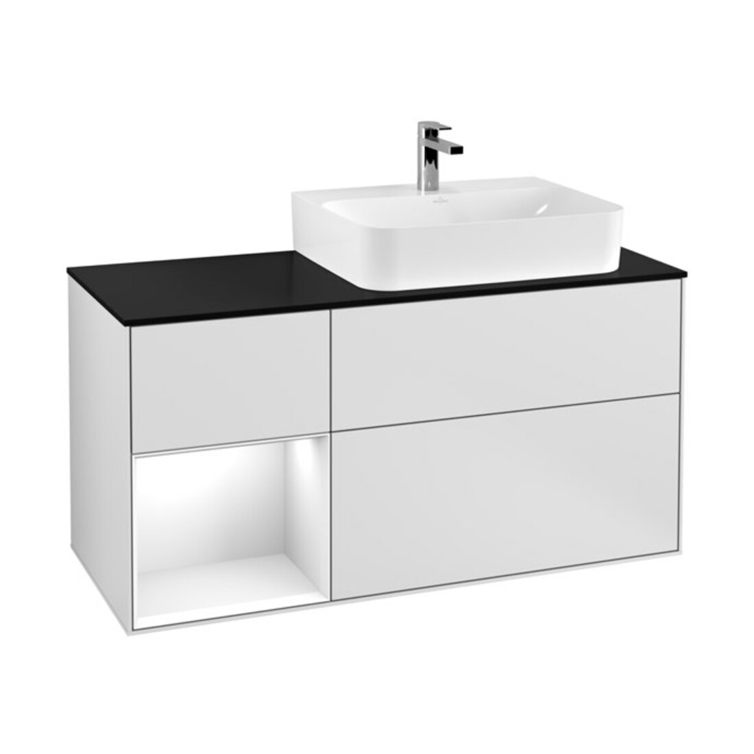 V&B Meuble sous lavabo avec plan de toilette, bleu brillant, Finion 120 cm, étagère gauche, blanc brillant laqué, blanc mat laqué