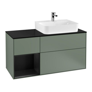 V&B Meuble sous lavabo avec plan de toilette, bleu brillant Finion 120 cm, étagère gauche bleu brillant Lac, huile mat Lacquer