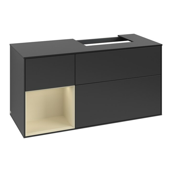 V&B Meuble sous lavabo avec plan de toilette, bleu brillant, Finion 120 cm, étagère gauche, laqué bleu moyen