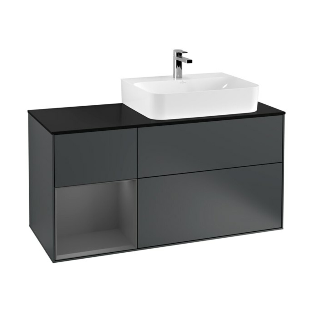 V&B Meuble sous lavabo avec plan de toilette, bleu clair, Finion 120 cm, étagère gauche, anthracite, avec bleu, avec laque