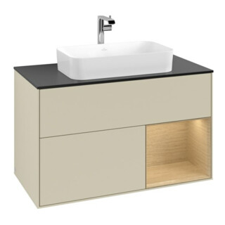 V&B Meuble sous lavabo avec plan de toilette bleu Finion 100x60,3 cm, étagère droite, finition laquée grise
