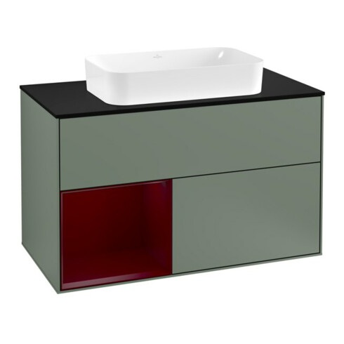 V&B Meuble sous lavabo avec plan de toilette bleu Finion 100x60,3 cm, étagère gauche, finition huilée avec laque