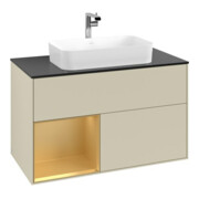 V&B Meuble sous lavabo avec plan de toilette bleu Finion 100x60,3 cm, étagère gauche, poignée argent mat, laqué