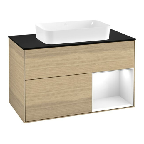 V&B Meuble sous lavabo avec plan de toilette bleu Finion 100x60,3 cm, tiroir droit blanc brillant, Oa ven