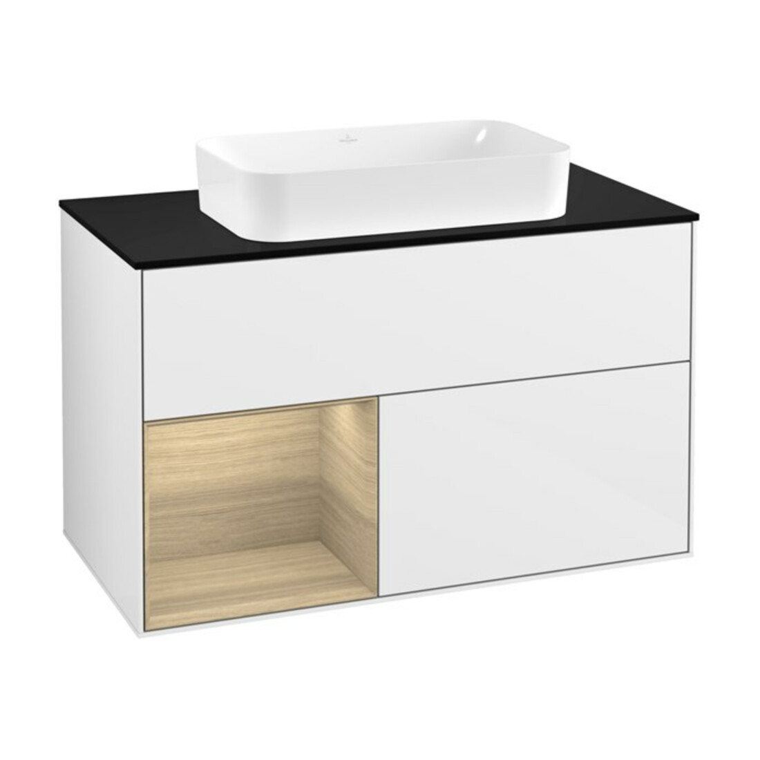 V&B Meuble sous-lavabo avec plan de toilette bleu Finion 100x60,3cm, étagère gauche, blanc brillant laqué
