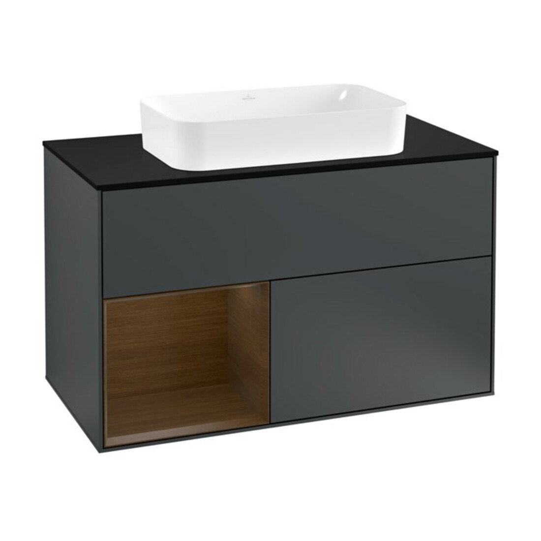 V&B Meuble sous lavabo avec plan de toilette bleu Finion 100x60,3cm, étagère gauche, bois de noyer, bleu mat laqué