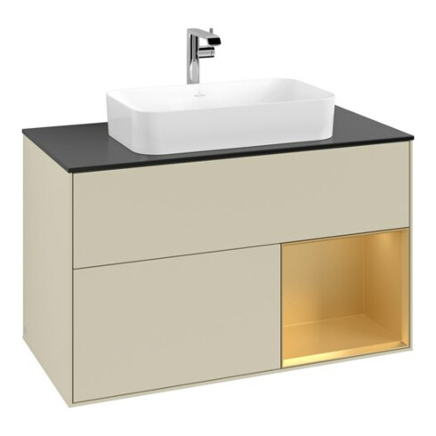 V&B Meuble sous lavabo avec plan de toilette bleu Finion 100x60,3cm, tiroir à droite, poignée en aluminium laqué gris