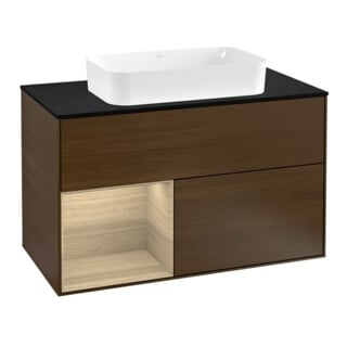 V&B Meuble sous lavabo avec plan de toilette bleu m Finion 100x60,3cm, étagère gauche Oa ven, placage noyer