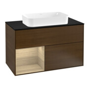 V&B Meuble sous lavabo avec plan de toilette bleu m Finion 100x60,3cm, étagère gauche Oa ven, placage noyer